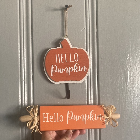 NWT- Set of Hello Pumpkin Decorations- Wood Rolling Pin Sign & Wall Hanger Hook - Picture 14 of 16